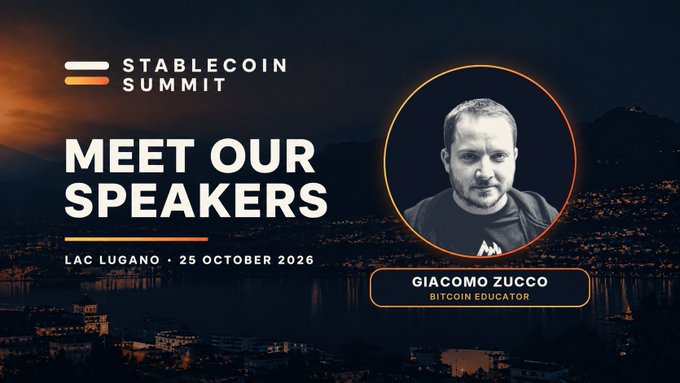 A promotional graphic for the 'Stablecoin Summit' in Lac Lugano on 25 October 2026, featuring a speaker portrait of Giacomo Zucco, identified as a Bitcoin Educator.