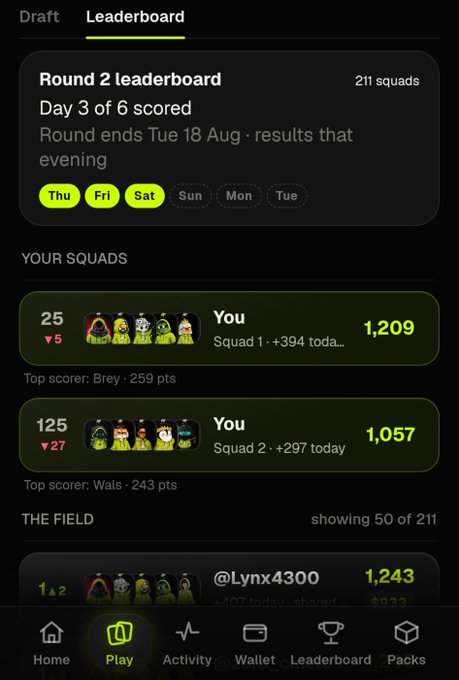 A mobile leaderboard screen showing 'Round 2 leaderboard' with 'Day 3 of 6 scored', displaying 'YOUR SQUADS' including Squad 1 ranked 25 and Squad 2 ranked 125.