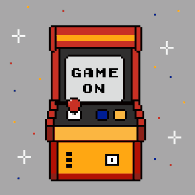 A pixel-art style illustration of a red and yellow arcade cabinet with the screen displaying "GAME ON" on a gray background with confetti.