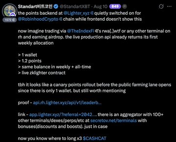 The image shows a tweet from @StandartXBT dated August 10 discussing @Lighter_xyz points being quietly switched on for @RobinhoodCrypto, noting "2 chain while frontend doesn't show this" and highlighting features like $CASHCAT wallet, 1.2 points, same balance in weekly + all-time, and live zklighter contract, supporting the claim that Lighter points were already active on the backend of Robinhood Crypto.