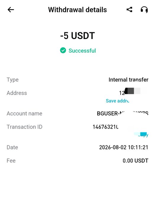 A screenshot of a Bitget withdrawal confirmation showing a successful -5 USDT internal transfer (Transaction ID: 14676321...) dated 2026-08-02 with a 0.00 USDT fee, serving as proof of the 5 USDT credit the post claims to send to new users who complete identity verification.