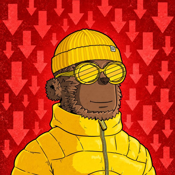 An illustration of a brown bear wearing a yellow beanie, yellow-tinted sunglasses, and a yellow puffer jacket, set against a red background with downward-pointing arrows.