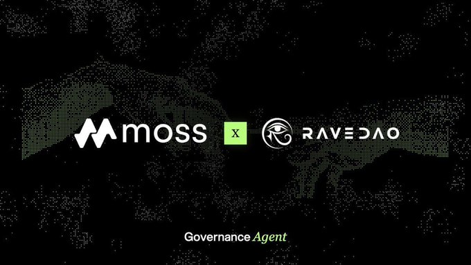 A promotional banner showing the MOSS x RAVEDAO partnership for a Governance Agent, displayed over a dark world map background.