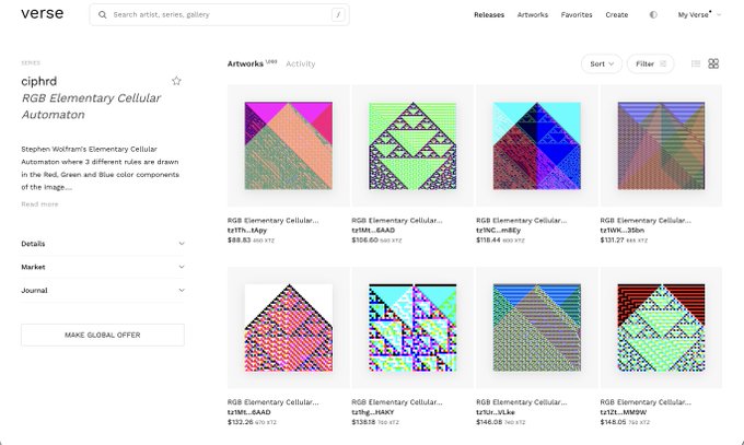 A Verses marketplace profile for "ciphrd" displays a collection of "RGB Elementary Cellular Automaton" artworks, with eight pieces priced in XTZ ranging from $88.83 to $208.40, including titles like "trtfh_Mgy," "trfMl_EAAD," and "trNC_mRry," each generated through three different rules in the Red, Green, and Blue color components—visually showcasing the algorithmic "Squiggle"-style digital art being referenced in the post.