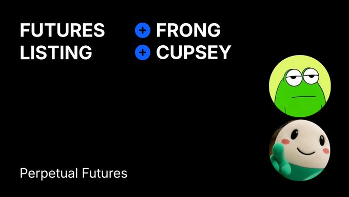 A black background slide announcing 'FUTURES LISTING' with '+ FRONG' and '+ CUPSEY', featuring Pepe the Frog and a green smiley face meme character, and the text 'Perpetual Futures' at the bottom.
