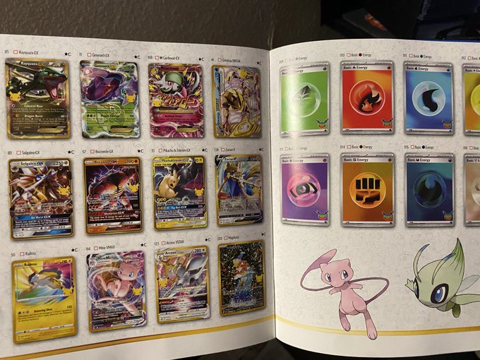 An open Pokémon trading card collection book displays holographic EX cards including Rayquaza, Genesect, Gallade, Mewtwo, Meloetta, Reshiram, Jirachi, Deoxys, Raikou, Mew, and Mew VSTAR on the left page, alongside Basic Energy cards and an illustration of Mew and Celebi on the right page. The post notes that the "RGB Mews" (likely referring to red, green, and blue variations) are missing from the player's guide's card listings, though Mew and Mew VSTAR are visible in the displayed collection.