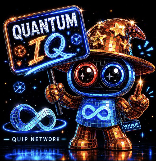 A vibrant, colorful digital artwork featuring a disco-ball style robot character wearing a wizard hat, holding a 'QUANTUM IQ' neon sign, with infinity symbols and 'QUIP NETWORK' branding.