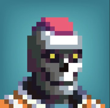 A pixel art illustration depicts a gorilla or ape character wearing a pink and white cap, set against a teal background.