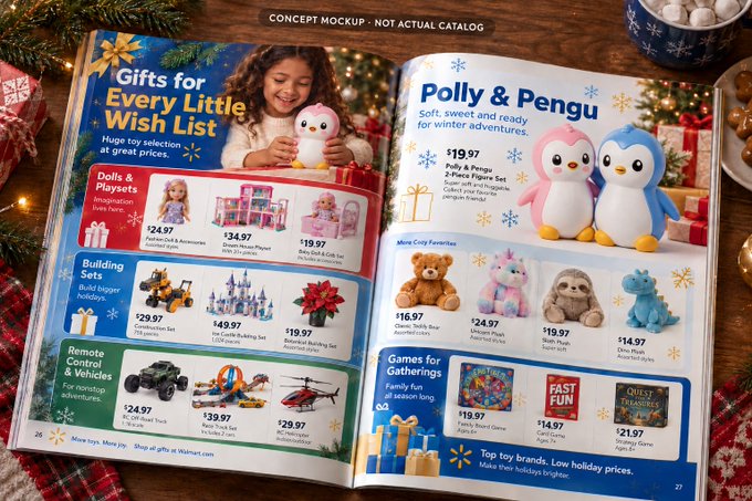 A Walmart holiday catalog mockup features 'Polly & Penguin' toy sets and other gift ideas for children including dolls, building sets, remote control vehicles, and games.