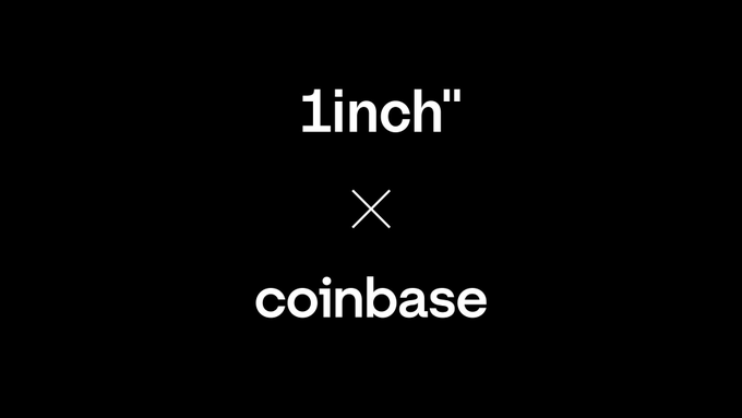 A black graphic displays the text "1inch" at the top, a white "×" symbol in the middle, and the "coinbase" wordmark at the bottom, visually reinforcing the post's announcement of Coinbase's tokenized U.S. equities launching on Base with support from 1inch.