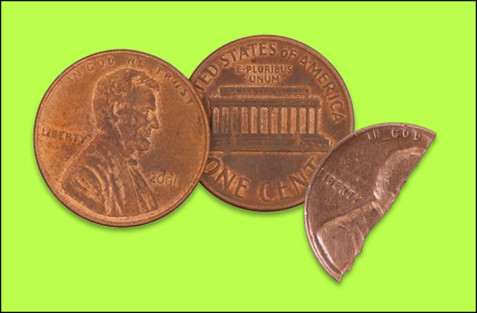 Two 2011 Lincoln pennies and a penny fragment are displayed against a green background, visually representing the very small "penny" cost per itty bit NFT being wrapped into ERC-721 tokens for OpenSea trading.