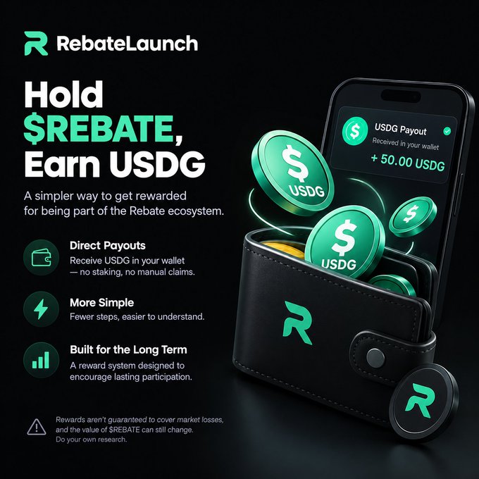 A RebateLaunch advertisement reads “Hold $REBATE, Earn USDG” and promotes direct payouts, simplicity, and long-term rewards, alongside a phone and USDG tokens.