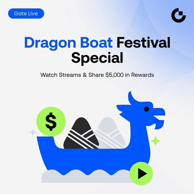 The image features a blue dragon boat floating on water, with a green dollar sign and two black coins placed on top of it. Below the dragon boat, there's text that reads "Dragon Boat Festival Special" followed by an invitation for viewers to watch streams or share five thousand in rewards. The post also mentions a gate live event related to the Dragon Boat Festival.
