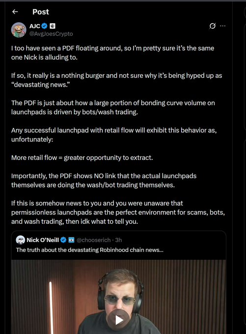A screenshot of a tweet from AJC (@AvgJoesCrypto) discussing a PDF being circulated about the Robinhood chain, dismissing it as a "nothing burger" that merely reveals wash/bot trading on permissionless launchpads, quoting a 3h-old tweet from Nick O'Neill (@choosechich) titled "The truth about the devastating Robinhood chain news..." with a video thumbnail showing a man wearing sunglasses and headphones.