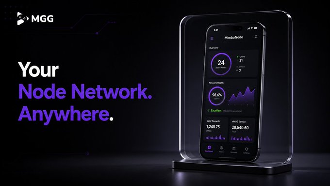 A smartphone displays the MimboNode app interface showing a 24 Active Nodes overview, 21 Online and 3 Offline counts, 98.6% Network Health marked as Excellent, and daily earnings of 1,248.75 MGG alongside 28,540.60 MGG earned, illustrating the "Your Node Network. Anywhere." headline by demonstrating mobile tracking of the infrastructure.