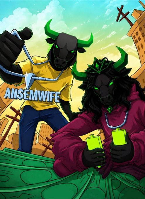 A stylized digital artwork of two characters wearing black bull masks with green horns, one in yellow and one in maroon holding a green controller, with the text 'AN$EMWIFE' displayed in the background.