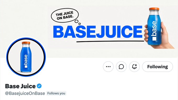 This image shows the X (formerly Twitter) profile page of "Base Juice" (@BasejuiceOnBase), verified with a blue checkmark and following the user. The profile features a blue bottle of "base" juice with an orange cap and a banner reading "THE JUICE ON BASE. BASEJUICE," with a hand holding the bottle on the right. The accompanying post "This is not IA this is $BASEJUICE" reinforces the playful branding, using "IA" (likely referring to AI) as a setup to promote the meme-style crypto token named $BASEJUICE.