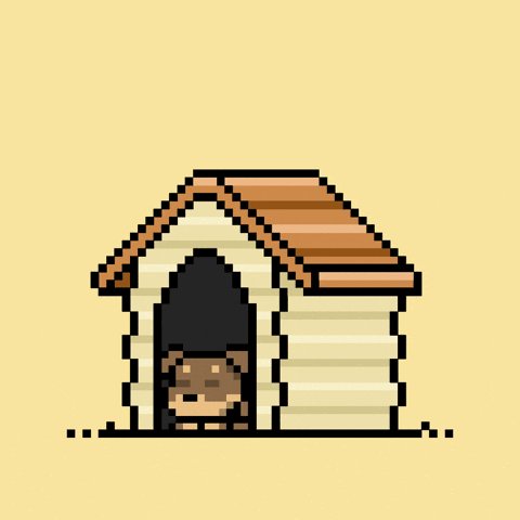 The image features a small brown dog peeking out from behind a white doghouse with an orange roof, situated on a grassy area. The text "Gm @grok tell me about the Doginal Dogs" appears below the image, suggesting that this is likely a part of a series or collection related to dogs.