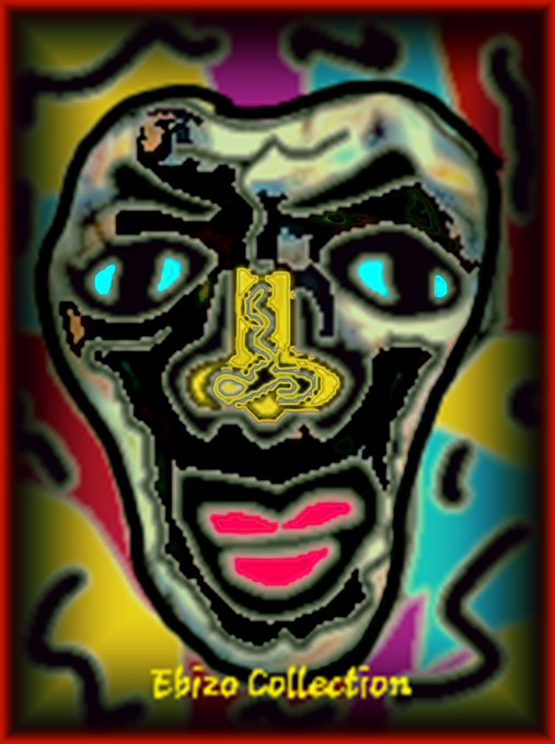A colorful, stylized digital artwork of a smiling face with glowing blue eyes, a prominent yellow nose, and pink lips, with the text 'Ebizo Collection' at the bottom.