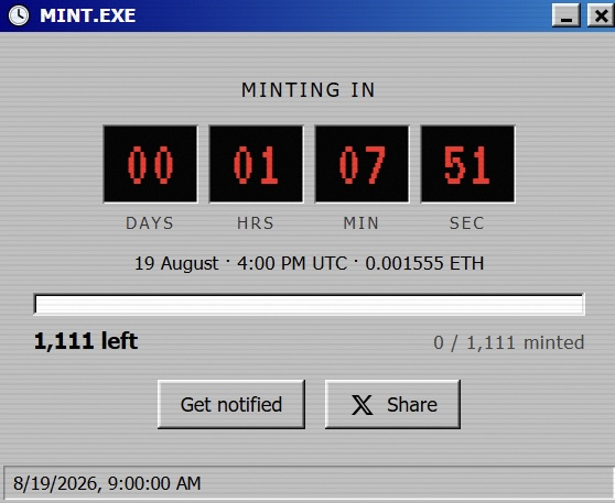 A Windows-style countdown window titled "MINT.EXE" shows "MINTING IN 00 DAYS 01 HRS 07 MIN 51 SEC" with the mint scheduled for "19 August · 4:00 PM UTC · 0.00155 ETH," currently at 0/1,111 minted—aligning with the post announcing the Nos NFT collection mint happening in about an hour.