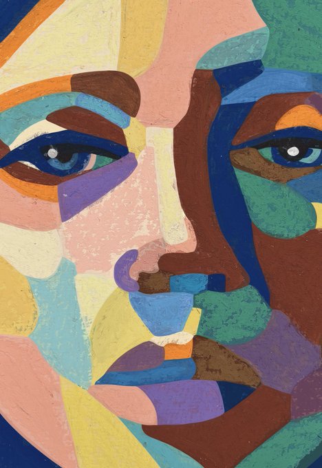 Abstract, colorful cubist-style portrait painting of a face fragmented into geometric shapes of blue, pink, brown, yellow, and purple.