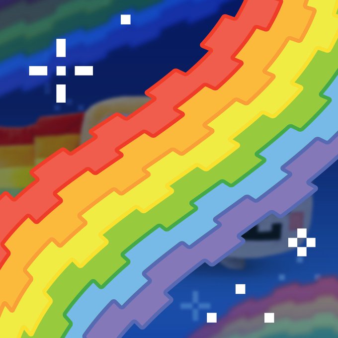 A digital illustration features a pixelated rainbow crossing diagonally against a blue background with pixelated white stars.
