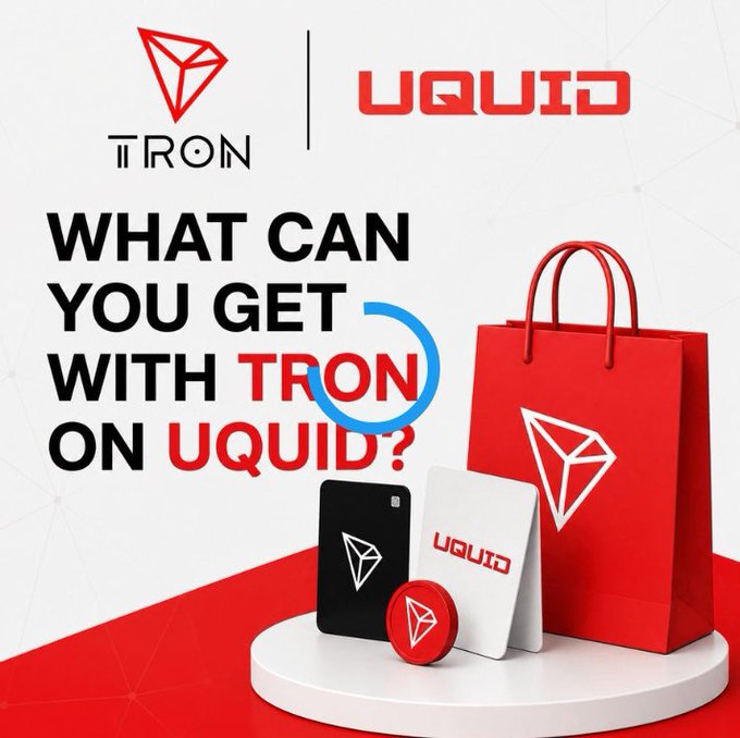 The image features a red shopping bag with a white logo that reads "TRON" and "UQUID", suggesting that the bag contains cryptocurrency or digital assets. The background of the image is white, which contrasts with the red bag and makes the text stand out. Below the image, there's a question asking what can you get with TRON on UQUID.