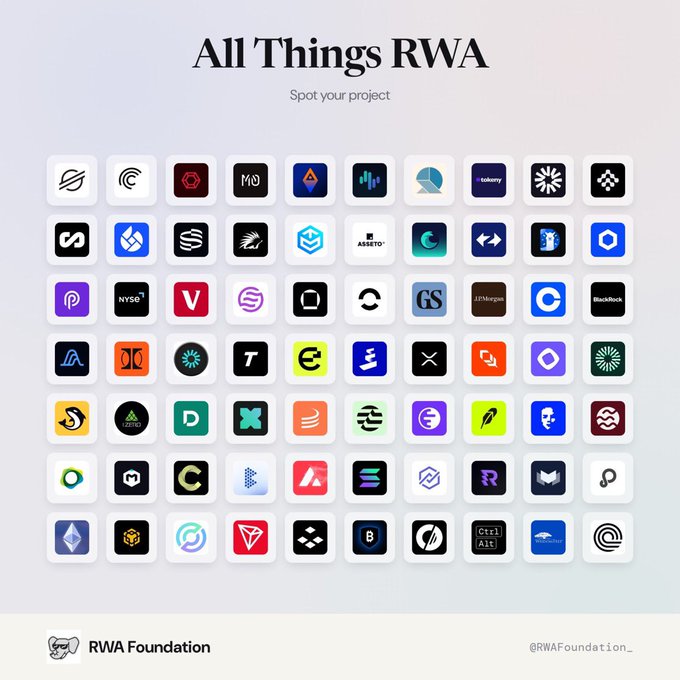 Infographic titled 'All Things RWA - Spot your project' displaying a grid of various cryptocurrency and tech company logos, branded by RWA Foundation (@RWAFoundation_).