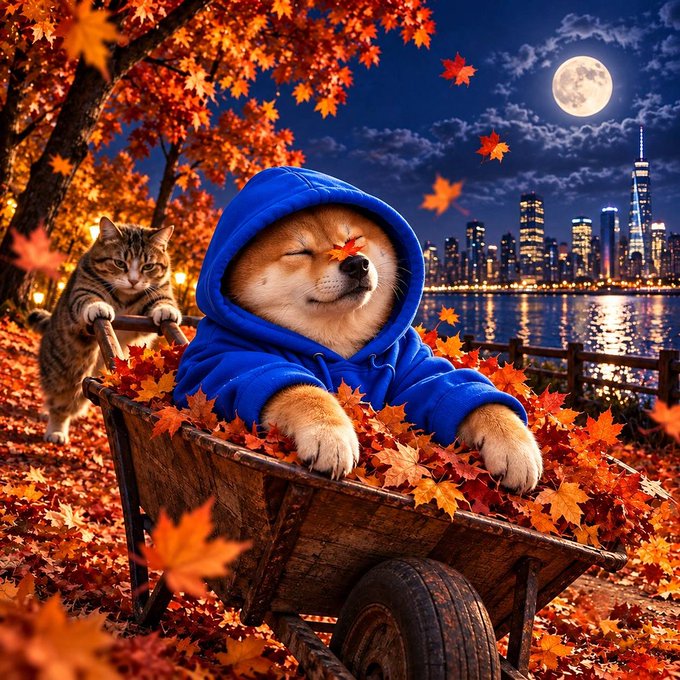 A digital illustration shows a smiling Shiba Inu dog wearing a blue hoodie and sitting in a wheelbarrow filled with autumn leaves, being pushed by a tabby cat against a backdrop of a moonlit city skyline.