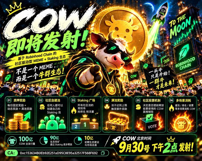 A promotional graphic for a cryptocurrency token called 'COW' launching on Robinhood Chain, featuring an anthropomorphic cow character and Chinese text indicating it is about to launch on September 30th at 2 PM Beijing time.