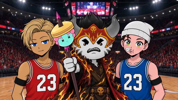 An anime-style illustration of two basketball players in #23 jerseys (one in red, one in blue) flanking a fierce masked warrior with horns holding an ice cream scepter in a stadium setting.