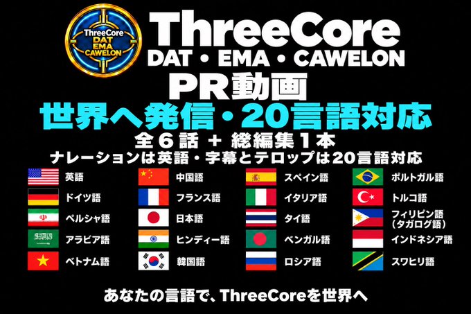 A promotional graphic for 'ThreeCore DAT' PR video in Japanese, advertising broadcasts to the world with 20 language support, displaying flags and names for English, German, Persian, Arabic, Vietnamese, Chinese, French, Japanese, Hindi, Korean, Spanish, Thai, Bengali, Russian, Portuguese, Turkish, Filipino (Tagalog), Indonesian, and Swahili.