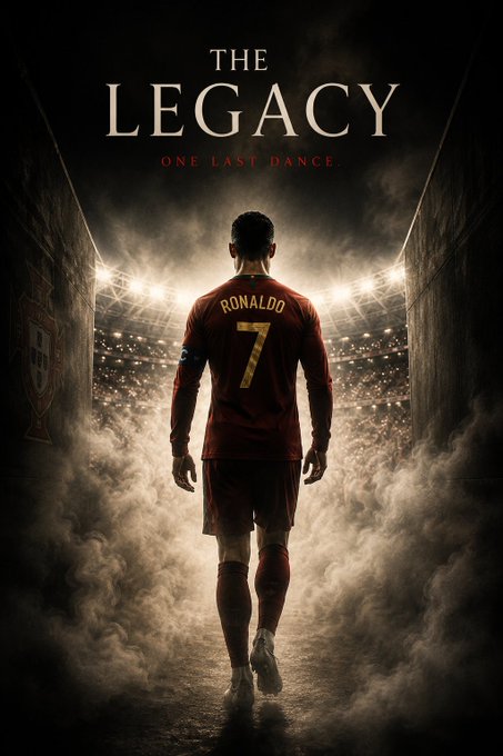 A movie poster titled 'THE LEGACY: ONE LAST DANCE' showing a soccer player from behind wearing a red jersey with 'RONALDO 7' walking onto a foggy stadium field under bright lights.