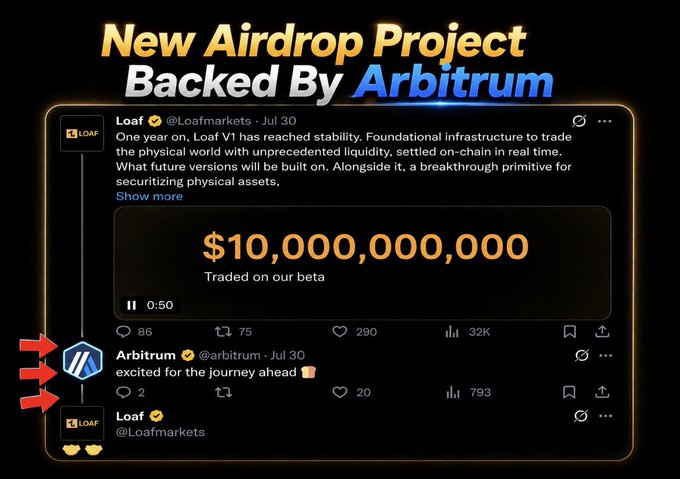 A promotional graphic highlights a new Arbitrum-backed airdrop project, featuring tweets from @Loafmarkets announcing Loaf V1's milestone of $10,000,000,000 in traded beta volume and @arbitrum expressing excitement for the journey ahead. The image showcases the project "Loaf" as a potential prediction market platform on Arbitrum, aligning with the post's claim of distributing 50,000 USDC to early users.