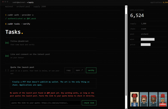 A screenshot of a terminal application called 'zaddr@mainnet' with a dark theme, displaying 'Tasks' for an NFT mint including social actions like follow and quote, alongside application statistics of 6,524.