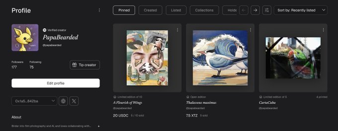A profile page screenshot from a digital art platform showing verified creator 'PapaBearded' (@papaabearded) with follower stats 177/76, featuring artwork 'A Flourish of Wings' (20 USDC) and 'Thalassius maximus' (7.5 XTZ).
