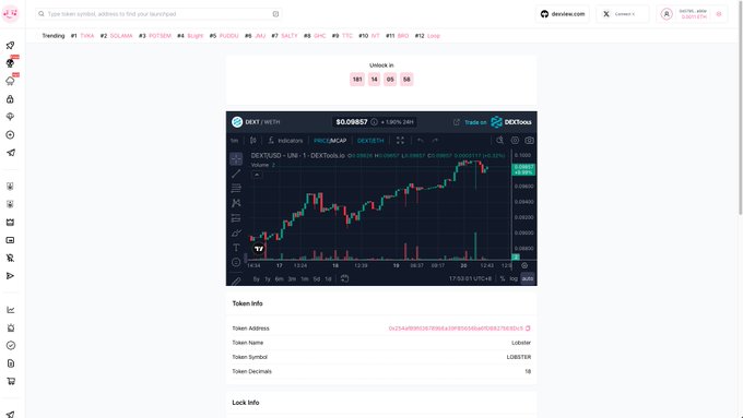 The image displays a DexTools chart for the DEXTI/USDT pair on the LINE-1 : DEXTools Chain, showing a current price of $0.09857 with a 1.00% gain, while the Token Info section confirms the contract address ending in "57...5FD1A" belongs to the token symbol "Lobster" (LobsterW), with 18 decimals, visually supporting the post's claim about $Lobster's supply being locked.