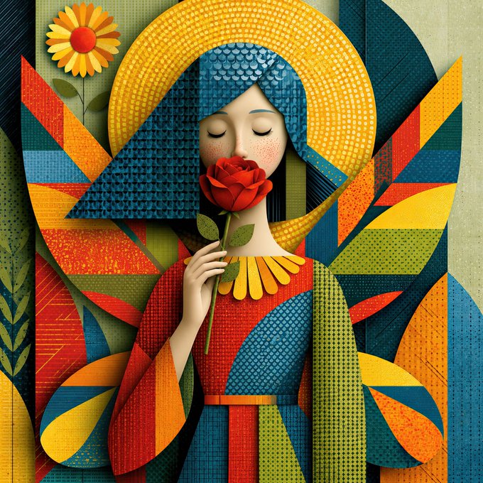 A woman with closed eyes holds a red rose against a vibrant, geometrically patterned background featuring a sunflower, which relates to the artwork titled "The Scent on Silence" being sold as an NFT edition on objkt.com.