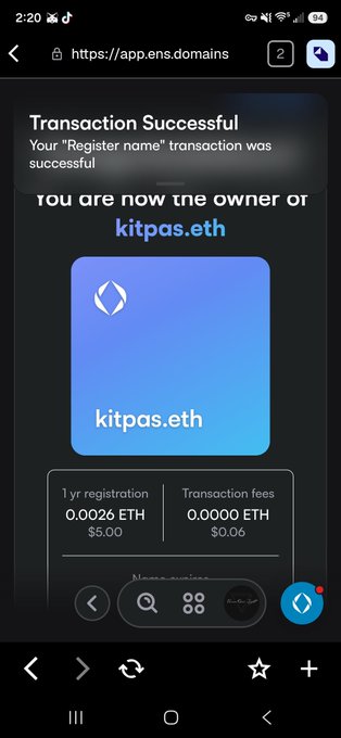 A mobile phone screenshot showing a "Transaction Successful" notification for registering "kitpas.eth" on app.ens.domains, displaying a 1-year registration cost of 0.0026 ETH ($5.00) and a transaction fee of 0.0000 ETH ($0.06).
