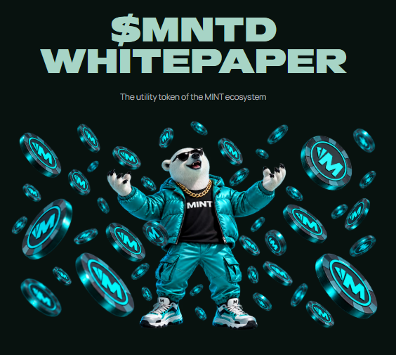 A $MNTD whitepaper cover featuring a cartoon bear in a teal jacket surrounded by floating teal coins marked 'M'.