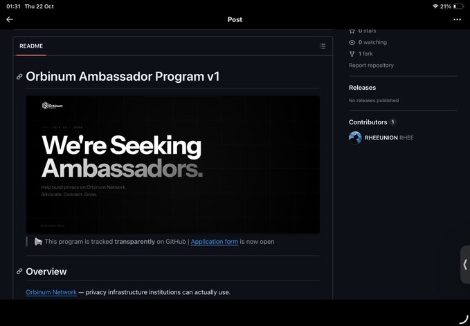 A dark-mode GitHub repository page titled “Orbinum Ambassador Program v1” displays “We’re Seeking Ambassadors” and an open application form.