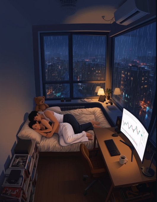 Digital artwork showing a couple cuddling on a bed in a cozy apartment at night, with large windows overlooking a rainy cityscape and a computer monitor displaying a stock chart on a desk nearby.