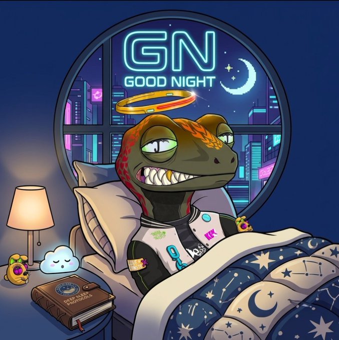 A cartoon lizard character wearing a halo and pajamas sits in bed with a starry blanket, with a window showing a night cityscape and 'GN GOOD NIGHT' neon text in the background.