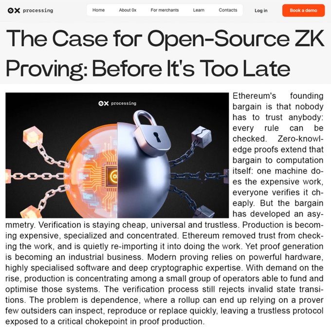 The image shows an "0x processing" article titled "The Case for Open-Source ZK Proving: Before It's Too Late," featuring an illustration of a padlock split between an open chain (symbolizing trustless verification) and a closed lock (representing centralized proof production). The article argues that while Ethereum's zero-knowledge verification remains cheap and trustless, proof generation is becoming an industrialized chokepoint concentrated among a few operators, creating a critical dependency risk—aligning with the post's message from Cysic founder Leo Fan about building toward open, decentralized ZK proving infrastructure.
