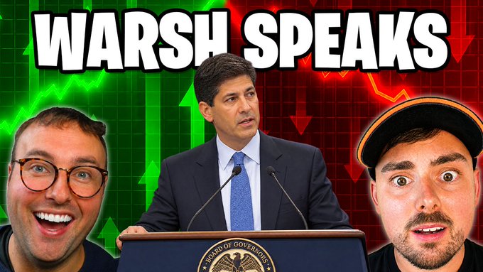 A thumbnail-style image showing Kevin Warsh speaking at a Board of Governors podium, flanked by two excited men, with bold "WARSH SPEAKS" text over a green-up, red-down stock chart background—matching the post's announcement directing viewers to watch his speech.