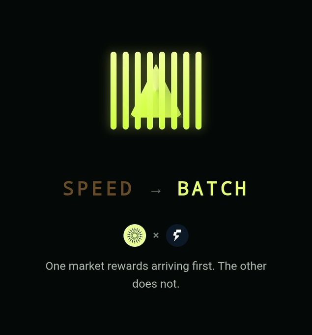 A dark promotional graphic with a yellow-glowing logo reading 'SPEED → BATCH' with text 'One market rewards arriving first. The other does not.'