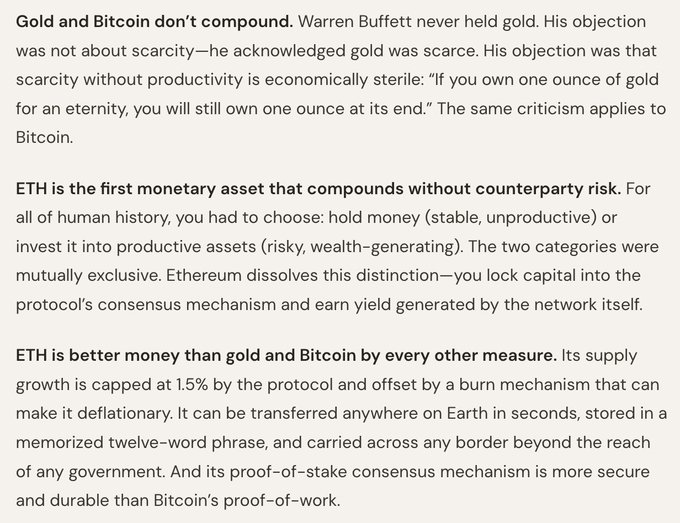 The image features a text-based description of an article about Bitcoin written by @Etherealize_io, which is part of a series of posts discussing Bitcoin's economic impact. The title of the post reads "ETH is better than Bitcoin". This implies that the author of the post views Etherium as a more valuable or productive form of money compared to Bitcoin.