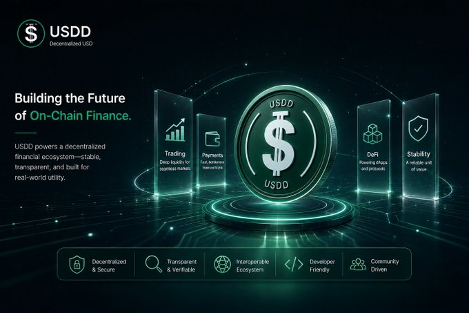 A promotional banner for 'USDD Decentralized USD' featuring the tagline 'Building the Future of On-Chain Finance' alongside features like Trading, Payments, DeFi, and Stability.