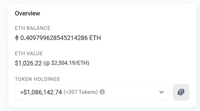A digital wallet overview displays an 'ETH BALANCE' of 0.409799628545214286 ETH, an 'ETH VALUE' of $1,026.22 at $2,504.19/ETH, and indicates 'TOKEN HOLDINGS' of greater than $1,086,142.74 across more than 207 tokens.