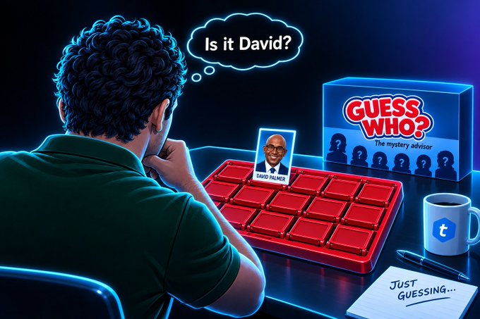 A digital illustration of a curly-haired man from behind, thinking 'Is it David?' while looking at a Guess Who-style game featuring David Palmer, with a 'Just Guessing...' notepad beside it.